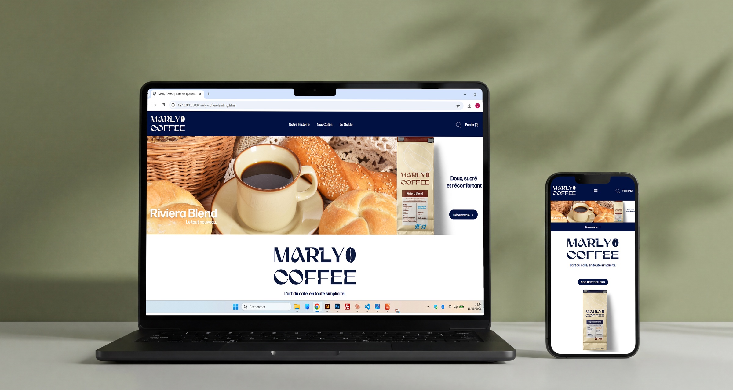 Mockup laptop et smartphone présentant la page d'accueil Marly Coffee